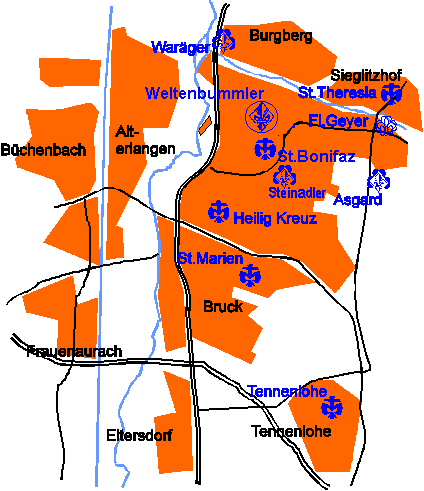 Karte der Pfadfinderstämme in Erlangen