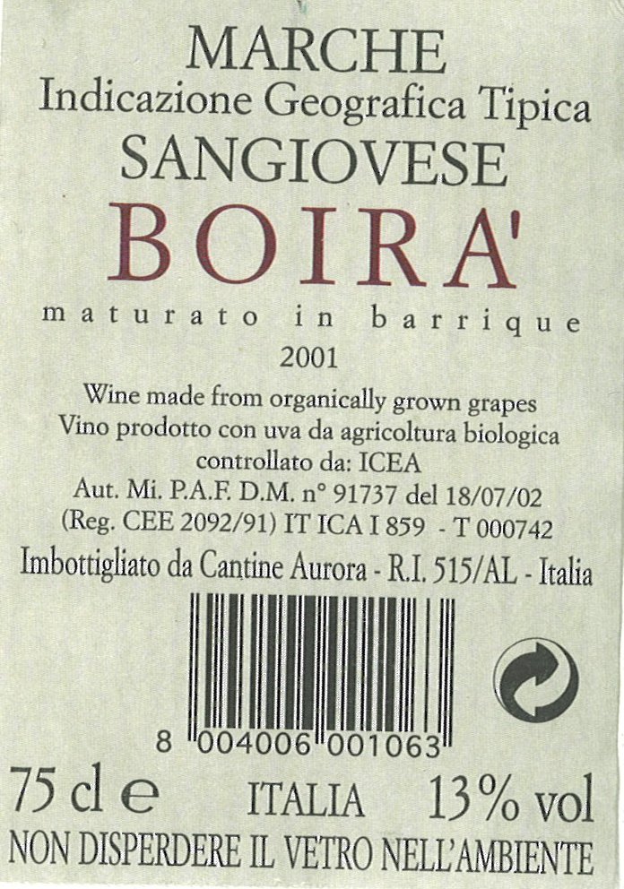 Textdekoration: Cantina Aurora, sangiovese, BOIRA', 2001